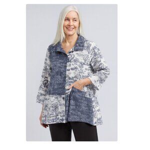 Damee Inc Shirt Womens Large Blue White Button Front Script Print 3/4 Sleeve